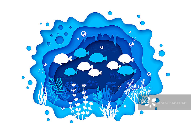 鱼群剪纸风景剪影图片素材