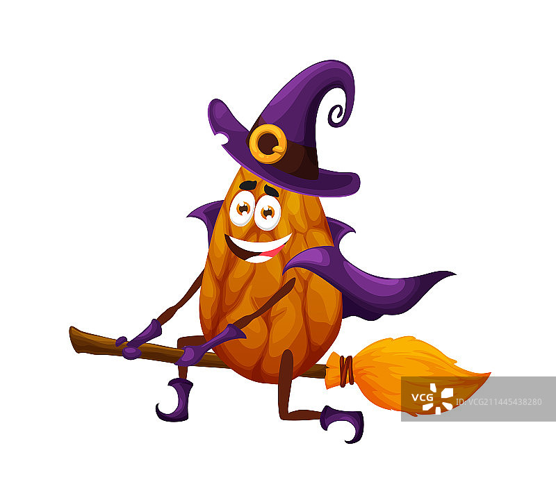卡通万圣节女巫杏仁角色骑在扫帚上图片素材