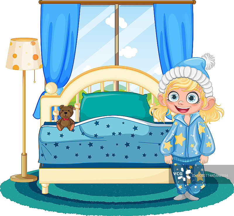 卧室里的可爱睡衣女孩图片素材