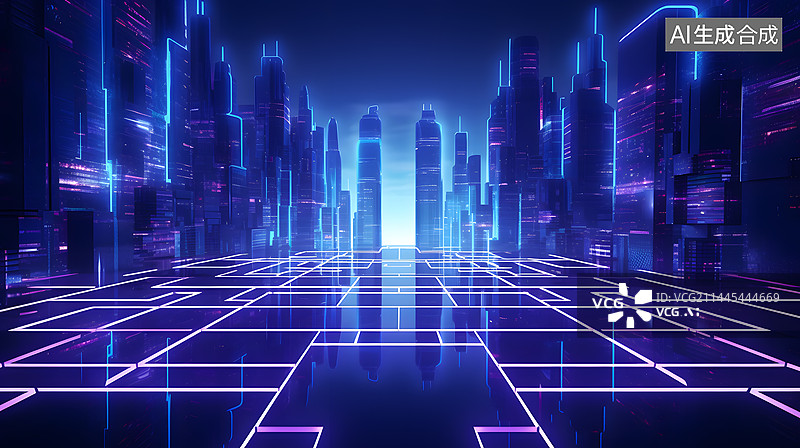 【AI数字艺术】数码科技霓虹赛博城市抽象几何海报网页PPT背景图片素材