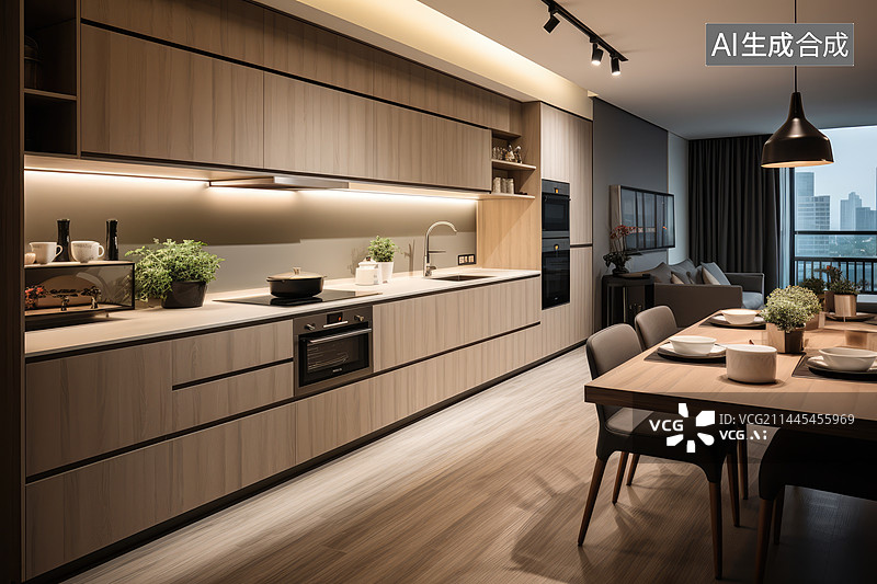 【AI数字艺术】简约家居厨房背景，现代开放式厨房图片素材