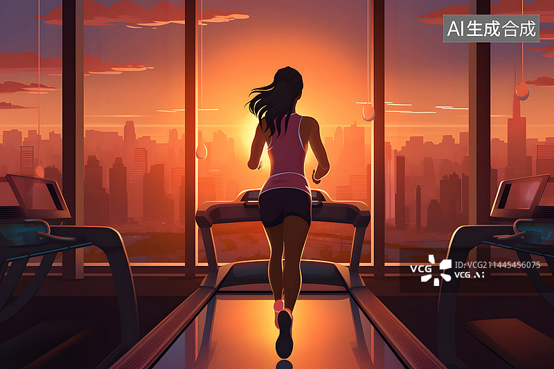 【AI数字艺术】傍晚的健身房在跑步机上锻炼的女人图片素材