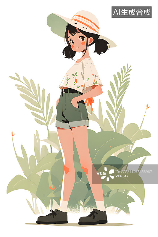 【AI数字艺术】夏天戴着遮阳帽小女孩全身装饰插画图片素材