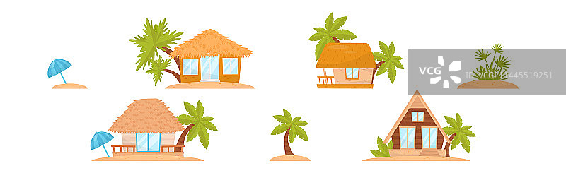 带棕榈树的热带茅草小屋或简易别墅图片素材