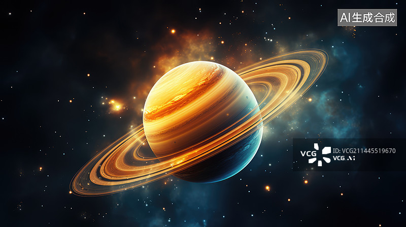 【AI数字艺术】行星土星在充满星星的黑色天空中，图片素材
