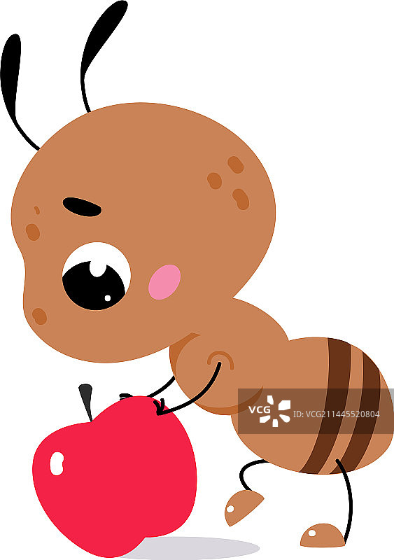 可爱棕色小蚂蚁推动红色苹果图片素材