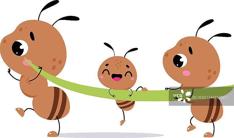 可爱的棕色小蚂蚁搬运着绿色的草叶图片素材