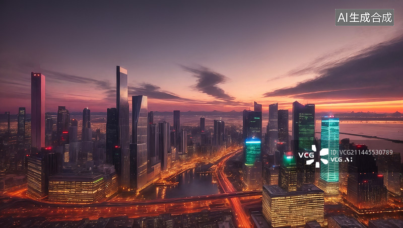 【AI数字艺术】航拍现代城市夜景风光图片素材