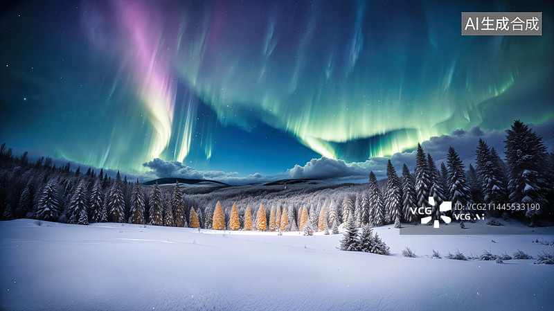 【AI数字艺术】奇幻雪夜极光风景图片素材