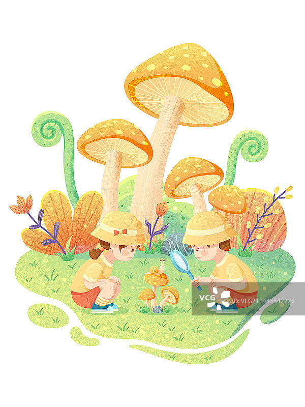 两个小孩在蘑菇森林里观察蜗牛插画图片素材