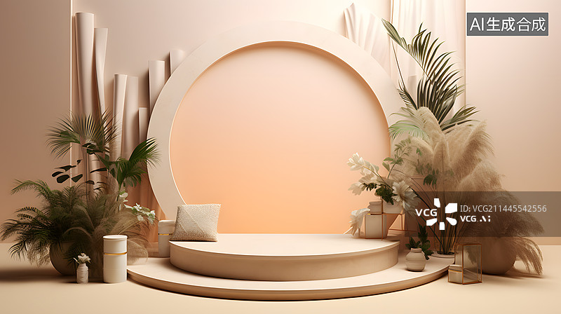 【AI数字艺术】米黄色电商主图产品展示平台展台底座横版网页背景图片素材