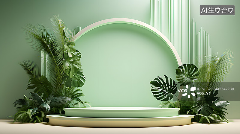 【AI数字艺术】绿色电商主图产品展示平台展台底座横版网页背景图片素材