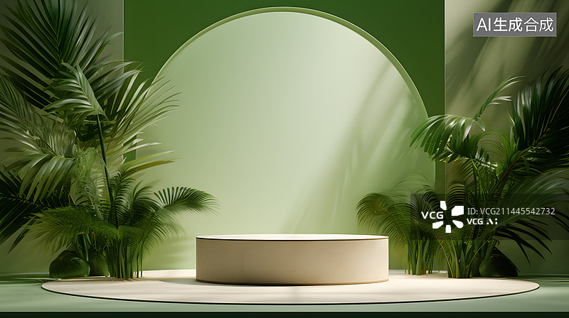 【AI数字艺术】绿色电商主图产品展示平台展台底座横版网页背景图片素材
