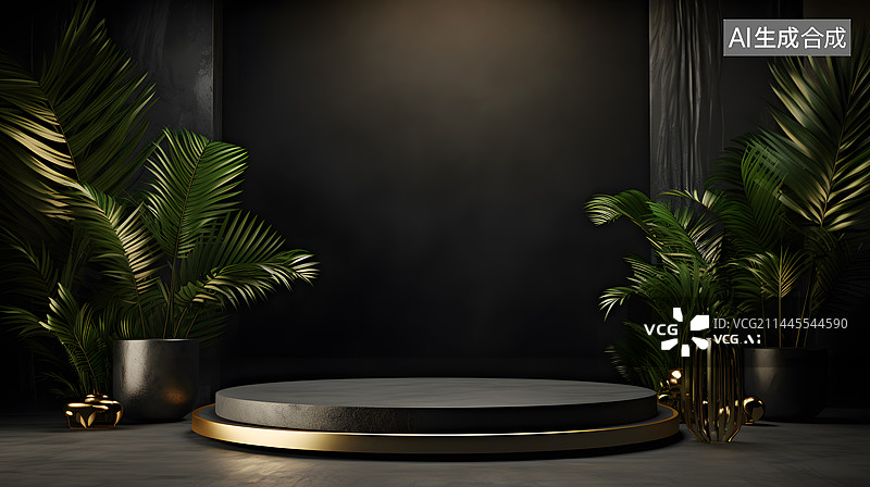 【AI数字艺术】黑金色电商主图产品展示平台展台底座横版网页背景图片素材