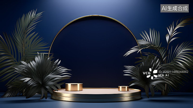 【AI数字艺术】深蓝金色电商主图产品展示平台展台底座横版网页背景图片素材
