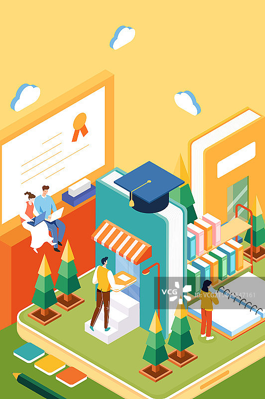 卡通2.5d等距教育学生学习新学期开学季读书日二维教师节老师上课网课电商优惠兴趣爱好渐变矢量插画图片素材