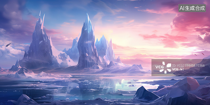 【AI数字艺术】日落时白雪皑皑的群山景色图片素材