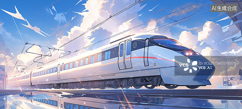 【AI数字艺术】高铁在铁轨上的插画背景图片素材