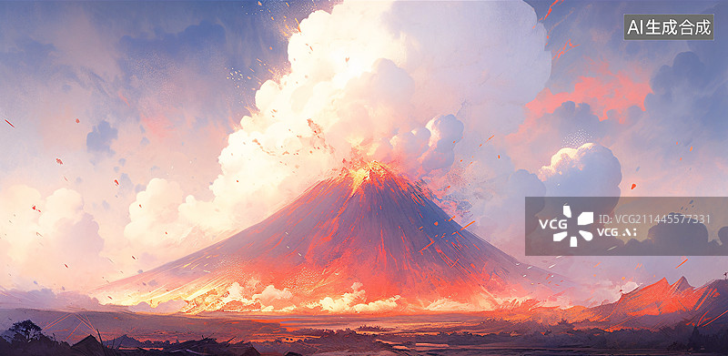 【AI数字艺术】活火山在喷发岩浆大场景插画图片素材