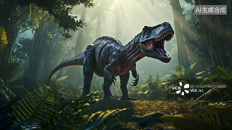 【AI数字艺术】热带雨林里的写实恐龙插画图片素材
