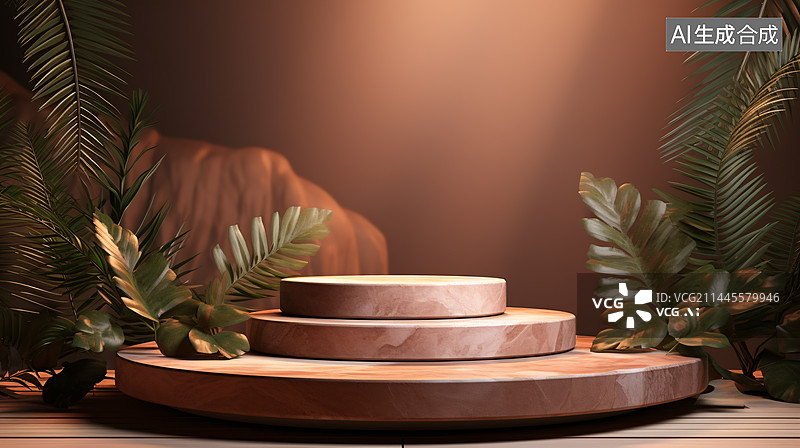 【AI数字艺术】3D渲染电子商务背景展台底座，3D木质展示台与绿色植物图片素材