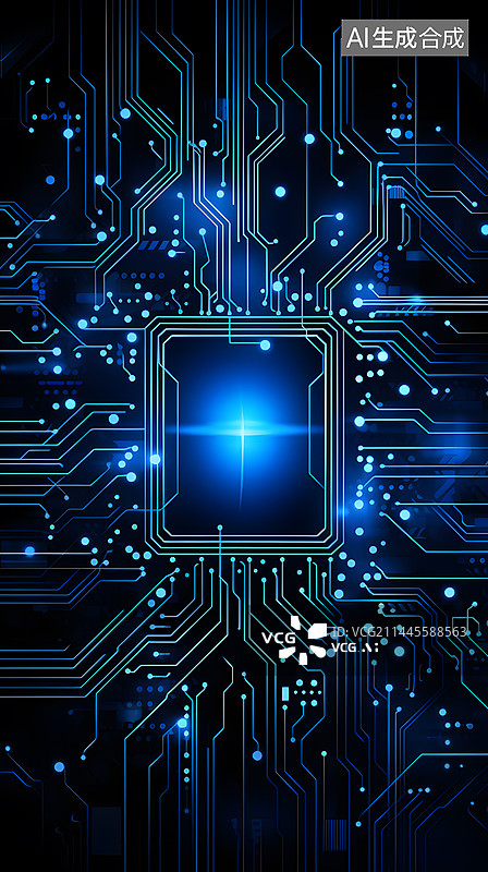 【AI数字艺术】蓝色科技抽象芯片核心概念背景图片素材