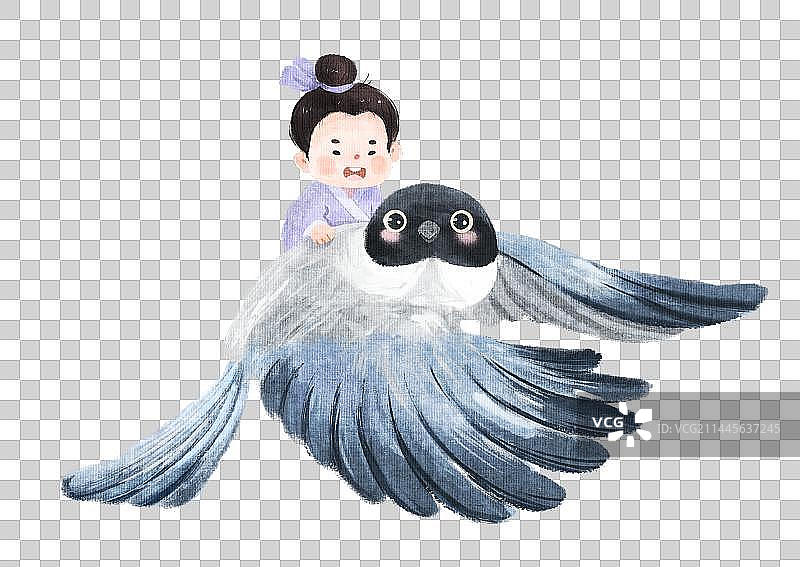 手绘水墨七夕喜鹊与牛郎可爱免抠元素图片素材