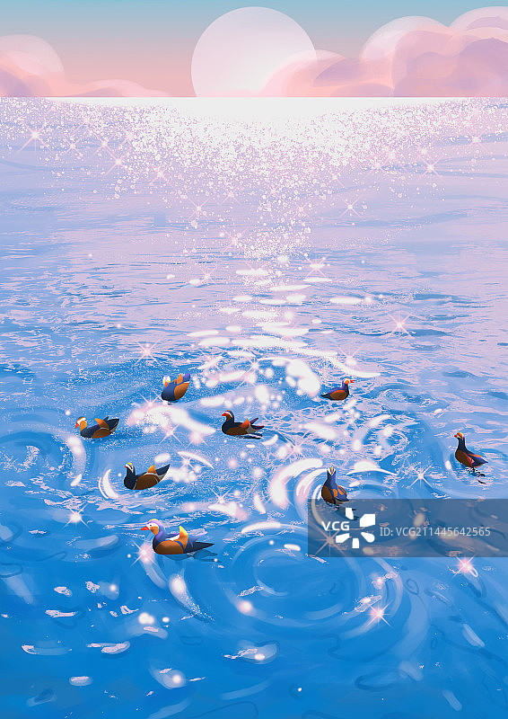 夏日湖面鸳鸯戏水图片素材