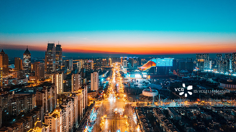 中国黑龙江哈尔滨松北新区城市夜景航拍图片素材