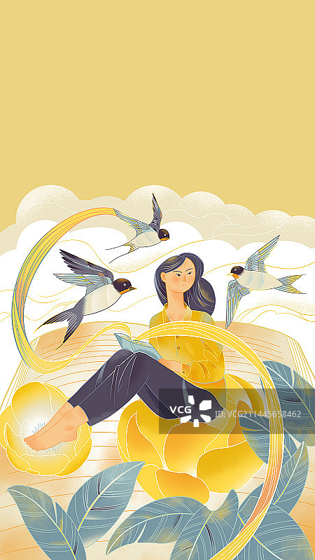 看书的女孩儿国潮风插画图片素材