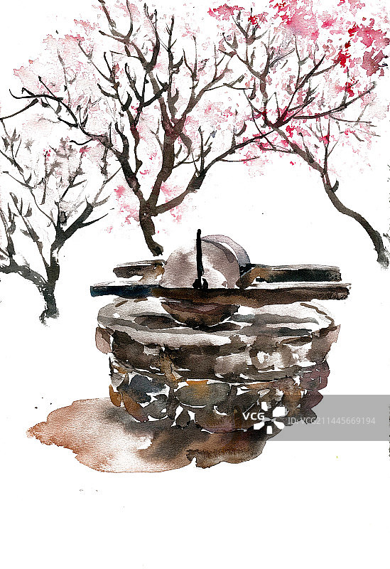 桃树下的石碾图片素材