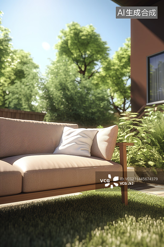 【AI数字艺术】阳光下别墅院内草地沙发图片素材