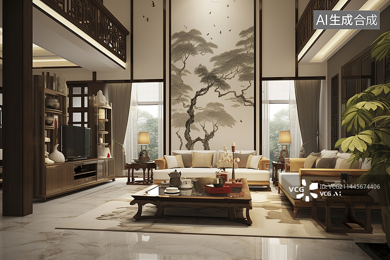 【AI数字艺术】新中式别墅内沙发茶几柜子客厅图片素材