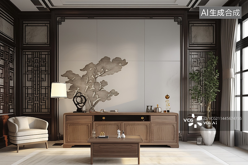 【AI数字艺术】新中式客厅茶几沙发落地窗图片素材