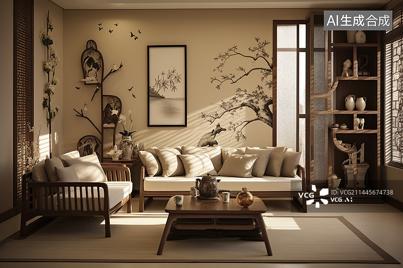 【AI数字艺术】新中式客厅茶几沙发落地窗图片素材