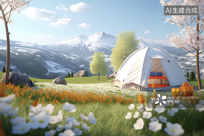 【AI数字艺术】在浪漫的花草山水间露营图片素材