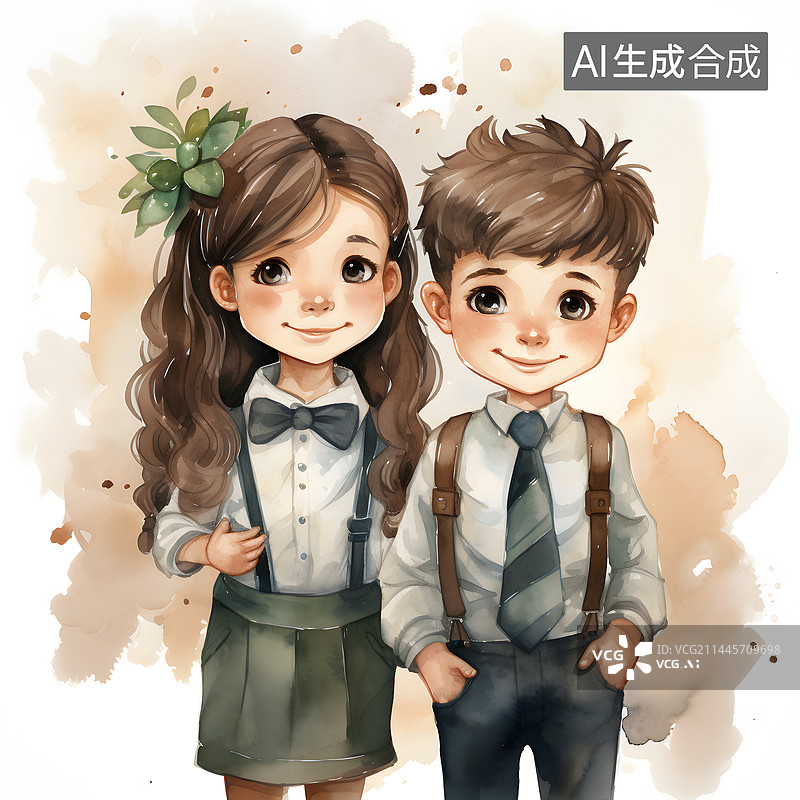 【AI数字艺术】AIGC:水彩画男孩女孩 校服  花童图片素材