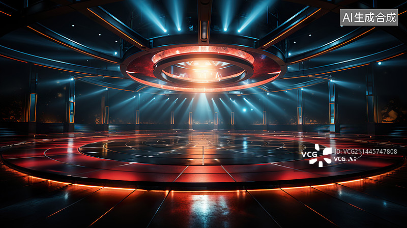 【AI数字艺术】灯光舞台船舱舞厅圆形升降舞台插画背景效果图图片素材
