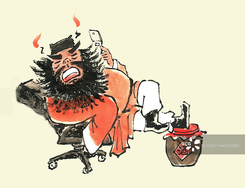 谐趣水墨人物，钟馗打电话图片素材