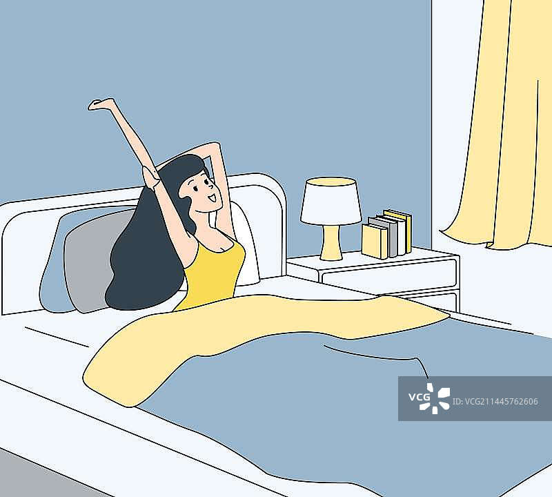 卧室内长发美女清晨醒来坐床上愉快伸懒腰图片素材