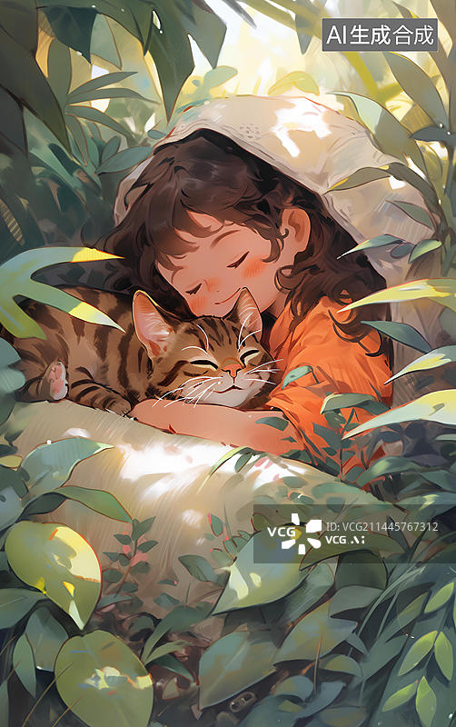 【AI数字艺术】女孩在丛林中和她的猫插画图片素材