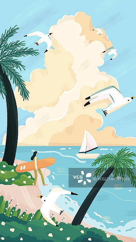 夏天海边冲浪七月月历插画图片素材