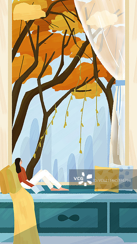 秋天窗台休息十一月月历插画图片素材