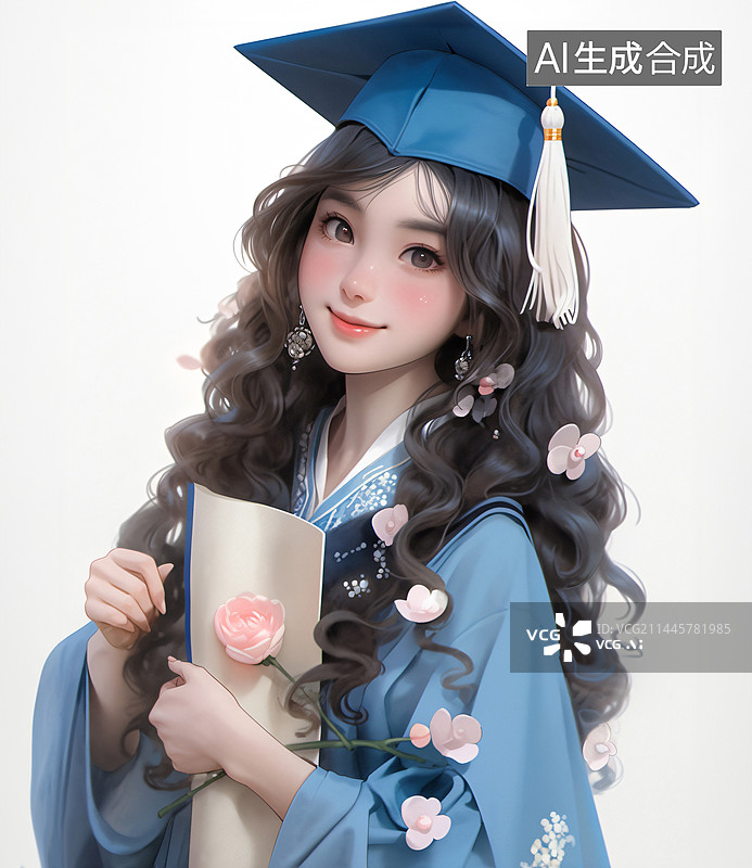 【AI数字艺术】年轻美丽的毕业生女孩捧着花束图片素材