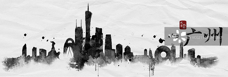 广州水墨地标建筑中国风城市背景图片素材