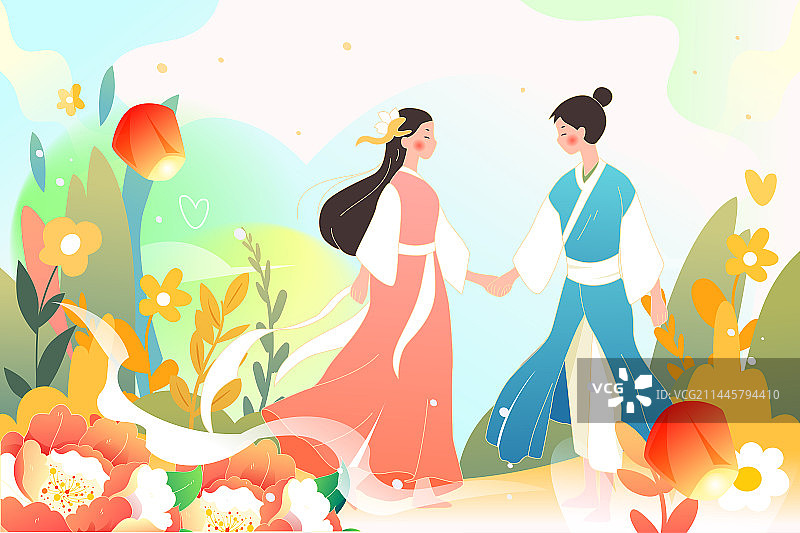 七夕情人节牛郎织女鹊桥相会爱情人物插画图片素材