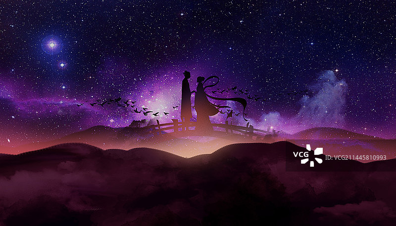 七夕节牛郎织女在梦幻星空的夜晚鹊桥相会插画图片素材