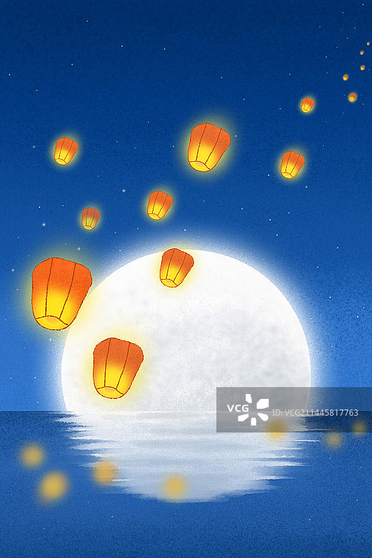 中秋孔明灯手绘插画图片素材