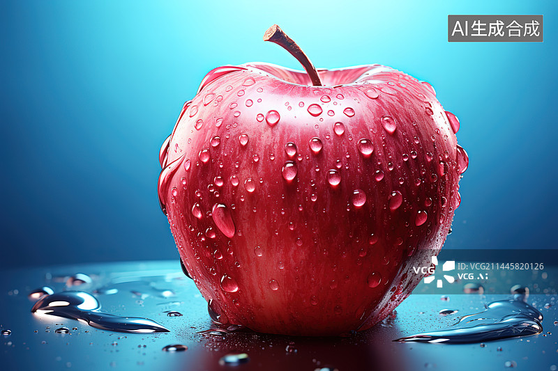 【AI数字艺术】蓝色背景下湿苹果的特写镜头图片素材