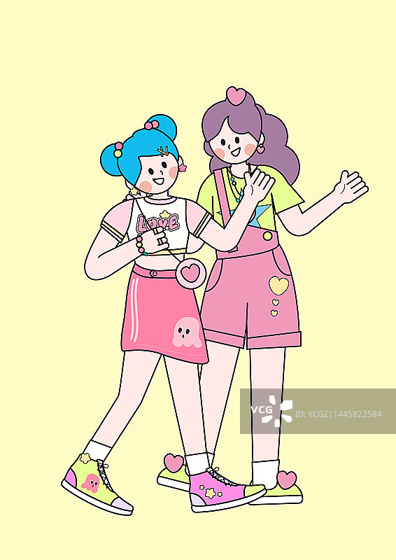 多巴胺双人描边闺蜜朋友人物图片素材